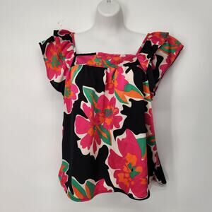 ee:some Boutique Floral Ruffle Sleeve Blouse Bold Tropical Print Boho Top Medium